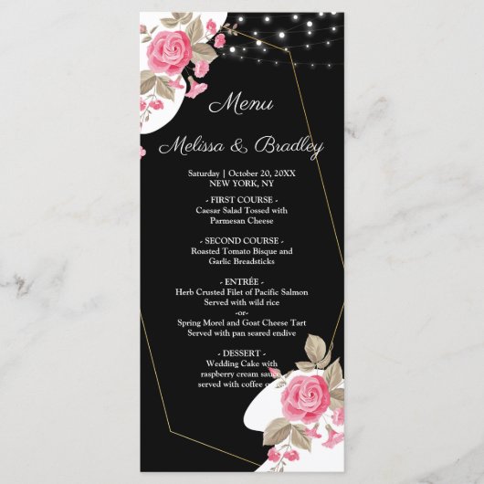 Moderne Elegantie Roze Bloemen string licht Menu (Voorkant)