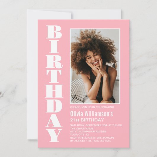 Moderne Elke pagina Roze Witte Foto Birthday Party Kaart (Voorkant)