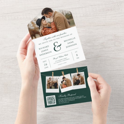 Moderne Emerald Ampersand Foto QR Code Bruiloft All In One Uitnodiging (Afscheurbaar)