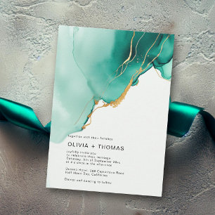 Moderne Emerald Gold Ocean Waves Strand Bruiloft Kaart