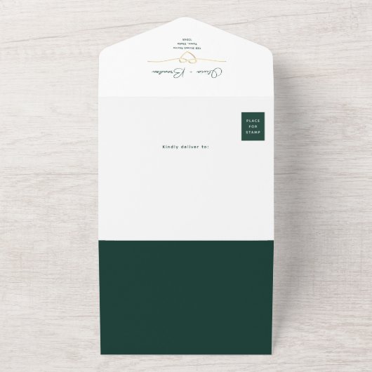 Moderne Emerald Green Gold bruiloft All In One Uitnodiging (Buitenkant)