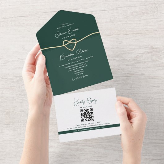Moderne Emerald Green Gold bruiloft All In One Uitnodiging (Afscheurbaar)