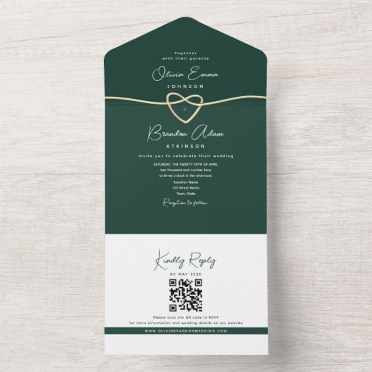 Moderne Emerald Green Gold bruiloft All In One Uitnodiging (Binnen)