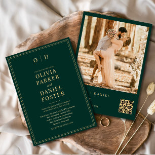 Moderne Emerald Green Gold Foto QR Code Huwelijk Kaart