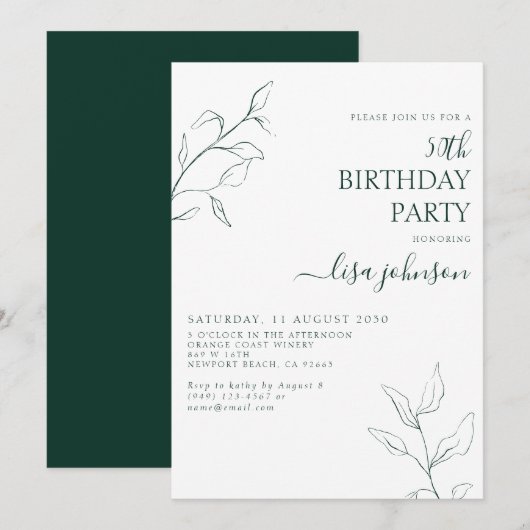 Moderne Emerald Groene Botanische 50e Verjaardag Kaart (Voorkant / Achterkant)