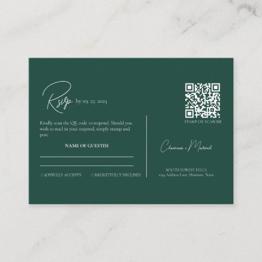 Moderne Emerald Groene QR Code Script Bruiloft RSV Informatiekaartje (Voorkant)