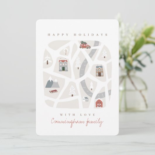 Moderne en eenvoudige elegante Winter Village Scen Feestdagenkaart (Staand voorkant)