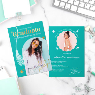 Moderne en Retro Turquoise Glanzende Afstudeer Fol Folie Uitnodiging
