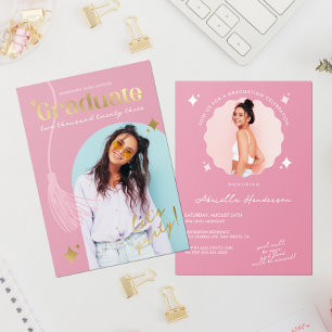 Moderne en retroroze Afstuderen Folie Uitnodiging