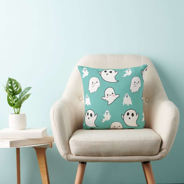 Moderne en Schattige Ghosts Mint Green Halloween Kussen (Stoel)