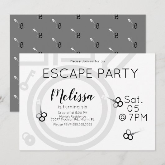 Moderne Escape Room Verjaardagsfeestje Grijze Uitn Kaart (Voorkant / Achterkant)