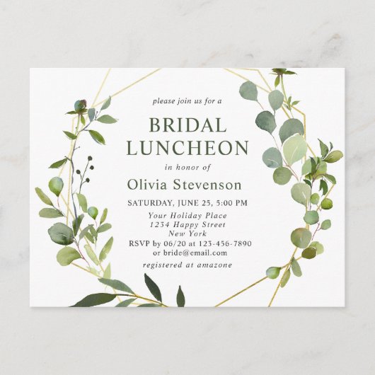 Moderne Eucalyptus Bridal Luncheon Invitation Kaar Briefkaart (Voorkant)