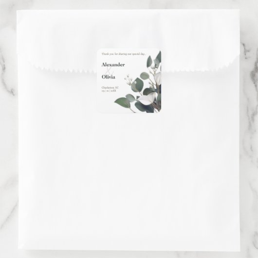 Moderne eucalyptus bruiloft gunst vierkante sticker (Tas)