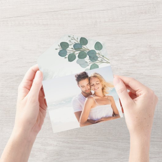 Moderne Eucalyptus Elegant Foliage QR Code Foto All In One Uitnodiging (Opening)