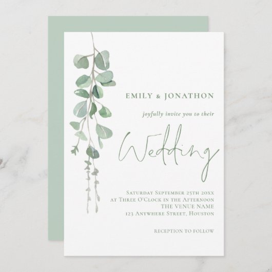 Moderne Eucalyptus Elegant Sage Script Weddenschap Kaart (Voorkant / Achterkant)