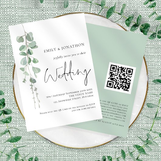 Moderne Eucalyptus Elegant Script QR Code Weddensc Kaart