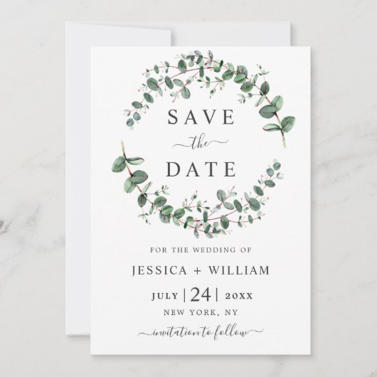 Moderne Eucalyptus Floral Geometric Lijst Wedding Save The Date (Voorkant)