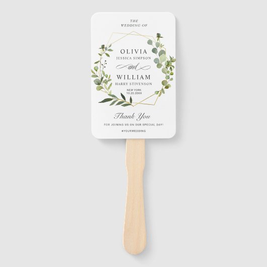 Moderne Eucalyptus gebladerte bruiloft programma Handwaaier (Voorkant)