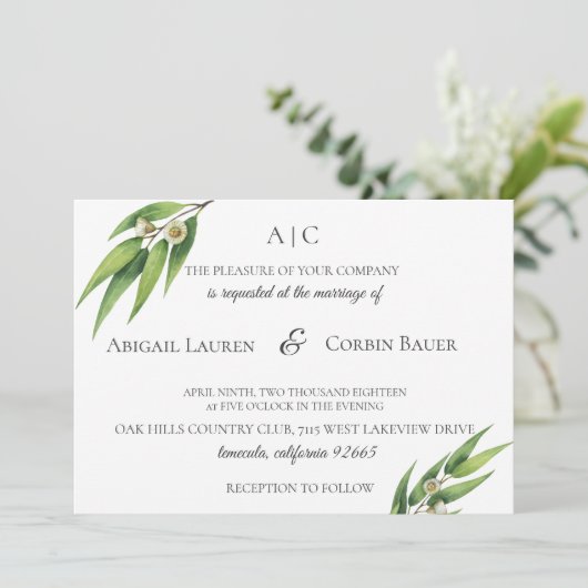 Moderne Eucalyptus gebladerte bruiloft uitnodiging (Staand voorkant)