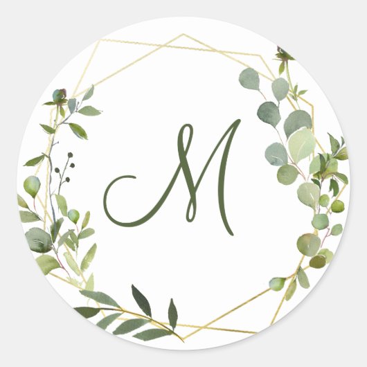Moderne Eucalyptus Geometrisch Kader MONOGRAM Ronde Sticker (Voorkant)