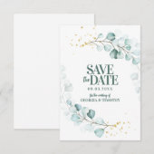 Moderne Eucalyptus Gold Sparkles Save The Date (Voorkant / Achterkant)