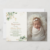 Moderne Eucalyptus Greenery Cross Foto doop Kaart (Voorkant)