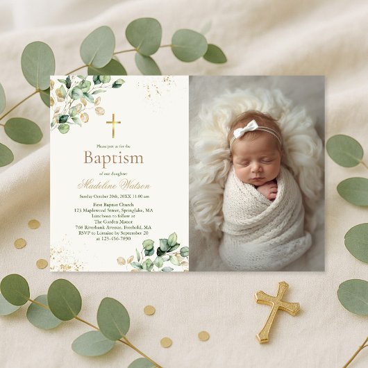 Moderne Eucalyptus Greenery Cross Foto doop Kaart