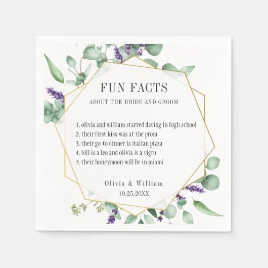 Moderne eucalyptus groen leuke weetjes bruiloft servet (Voorkant)