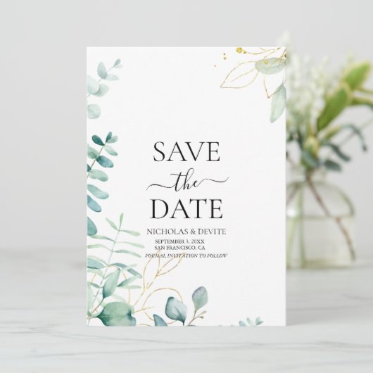 moderne eucalyptus groene bruiloft save the date (Staand voorkant)
