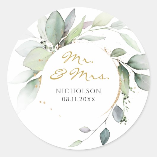 Moderne Eucalyptus Groene Goud Mr. & Mrs. Klassiek Ronde Sticker (Voorkant)