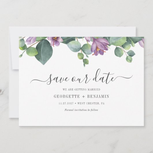 Moderne Eucalyptus Groene Script Save The Date (Voorkant)