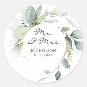 Moderne Eucalyptus Groenelementen Goud Mijnheer & Ronde Sticker