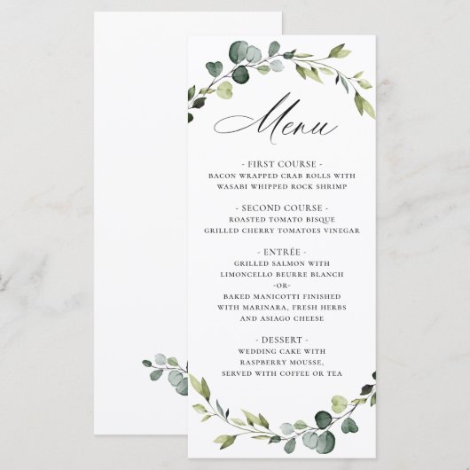Moderne Eucalyptus Krans Waterverf Boho Bruiloft Menu (Voorkant / Achterkant)