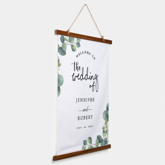 Moderne eucalyptus laat rustieke bruiloft welkom hangend wandkleed (Gebogen)