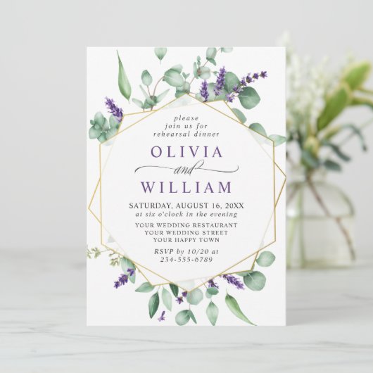 Moderne Eucalyptus Lavender REHEARSAL DINNER Kaart (Staand voorkant)