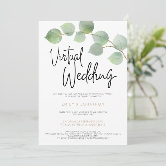 Moderne Eucalyptus Leaf Script Virtuele bruiloft Kaart (Staand voorkant)