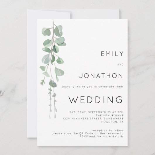 Moderne Eucalyptus Photo QR Code Weddenschap Kaart (Voorkant)