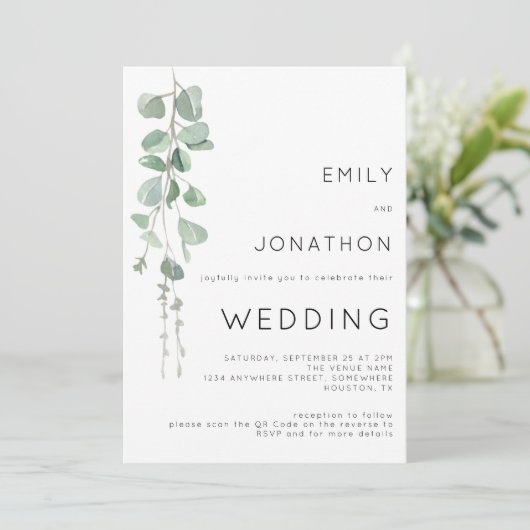 Moderne Eucalyptus Photo QR Code Weddenschap Kaart (Staand voorkant)