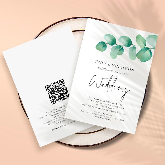 Moderne Eucalyptus QR-code bruiloft Kaart