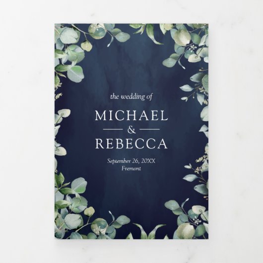 Moderne Eucalyptus QR Code Navy Blue Wedding Drieluik Uitnodiging (Cover)