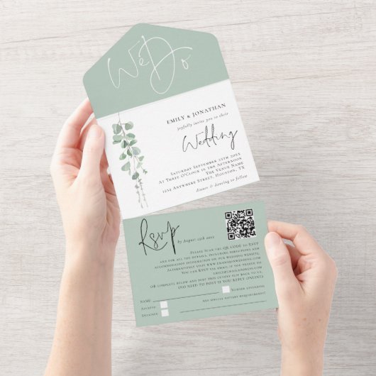 Moderne Eucalyptus Script QR Code Bruiloft All In One Uitnodiging (Afscheurbaar)