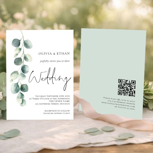 Moderne Eucalyptus Script QR code Sage Bruiloft Kaart