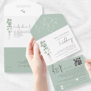 Moderne Eucalyptus Script QR Code Weddenschap All In One Uitnodiging