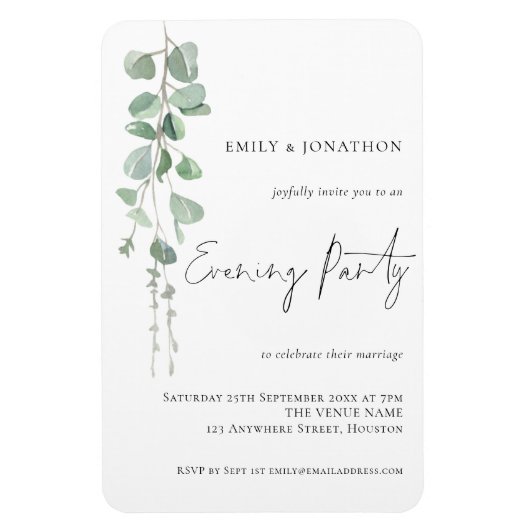 Moderne Eucalyptus Script Weddenschap Evening Magneet (Verticaal)