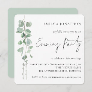 Moderne Eucalyptus Script Wedding Evening Party Kaart