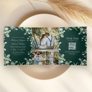 Moderne Eucalyptus Smaragdgroene QR Code Huwelijk Drieluik Uitnodiging