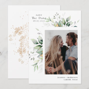 Moderne Eucalyptus Trouwfoto Save The Date