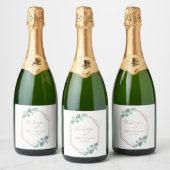 Moderne Eucalyptus Waterverf Gold Script Weddensch Sparkling Wijnetiket (Flessen)