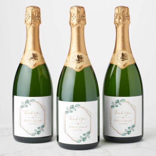 Moderne Eucalyptus Waterverf Gold Script Weddensch Sparkling Wijnetiket (Flessen)