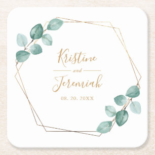 Moderne Eucalyptus Waterverf Gold Script Weddensch Vierkante Kartonnen Onderzetter